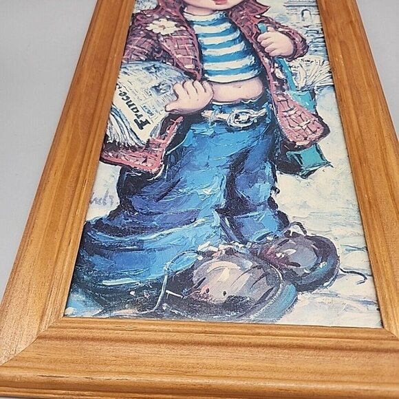MCM Print Glass Wood Framed Big Eyed Boy France 60s 18x10" Newspaper - Picture 3 of 4